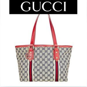 GUCCI Jolicoeur Navy/Red Striped Canvas w/Leather Golden Hardware & Charms, EUC
